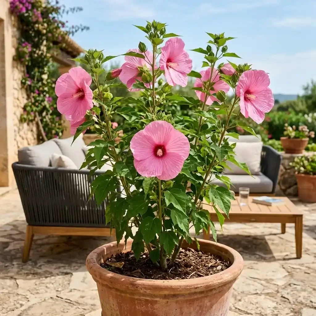 vue d'un balcon avec un grand pot d'hibiscus des marais, brise-vent en fond, mise en situation réaliste
