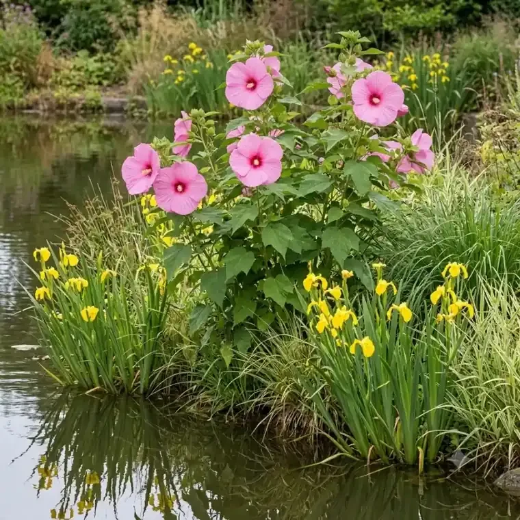 photo produit en gros plan sur la fleur XXL de l'Hibiscus des marais 'Joli coeur', rose pâle à cœur rouge, en bordure de bassin