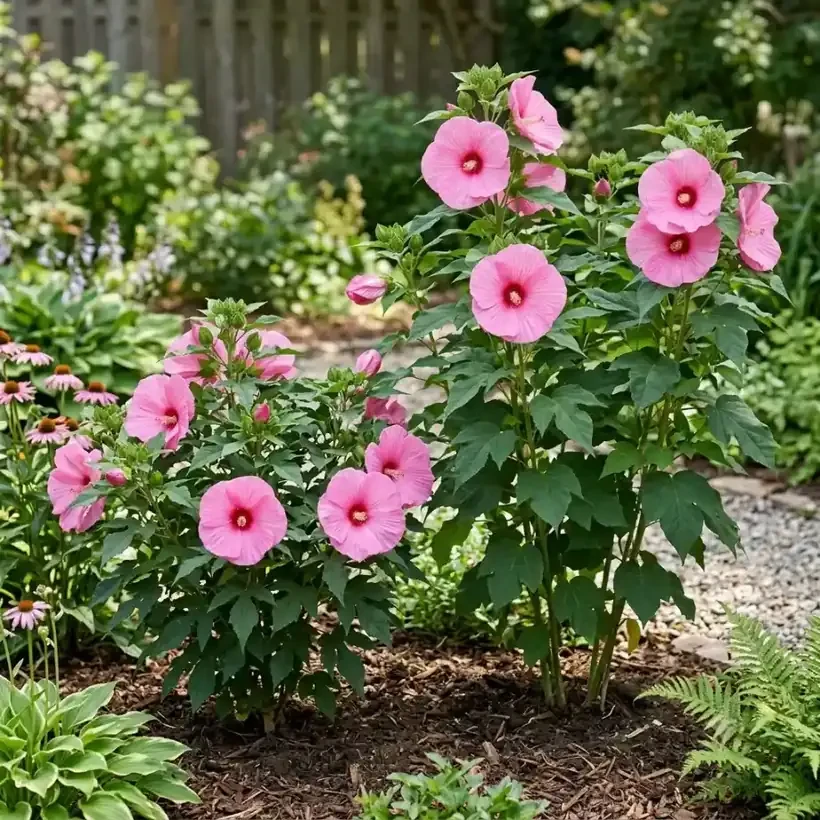 pot de 40-50 cm avec un hibiscus des marais compact fleuri sur une terrasse, à côté d'un massif de bord de bassin avec un hibiscus vigoureux au second