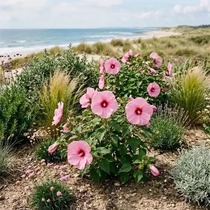gros plan sur une fleur XXL d'hibiscus des marais couverte de gouttes de rosée, feuillage sain en arrière-plan, légère brume marine