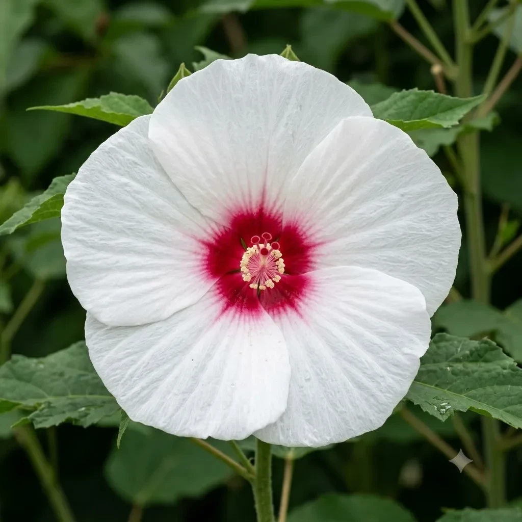 hibiscus des marais rouge vif devant un fond clair, style contemporain graphique avec graminées