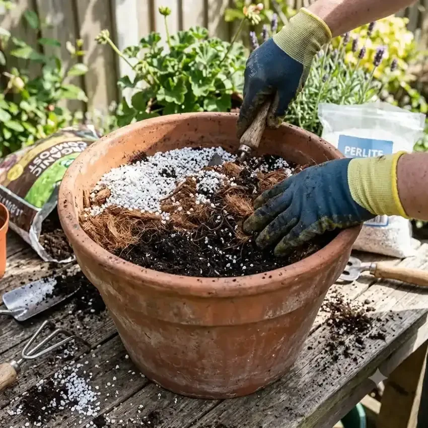 coupe d'un pot d'hibiscus des marais montrant la couche de drainage et le substrat