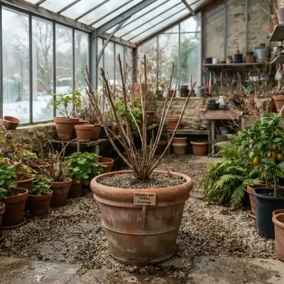 pot d'hibiscus des marais protégé pour l'hiver, abrité contre un mur de la maison