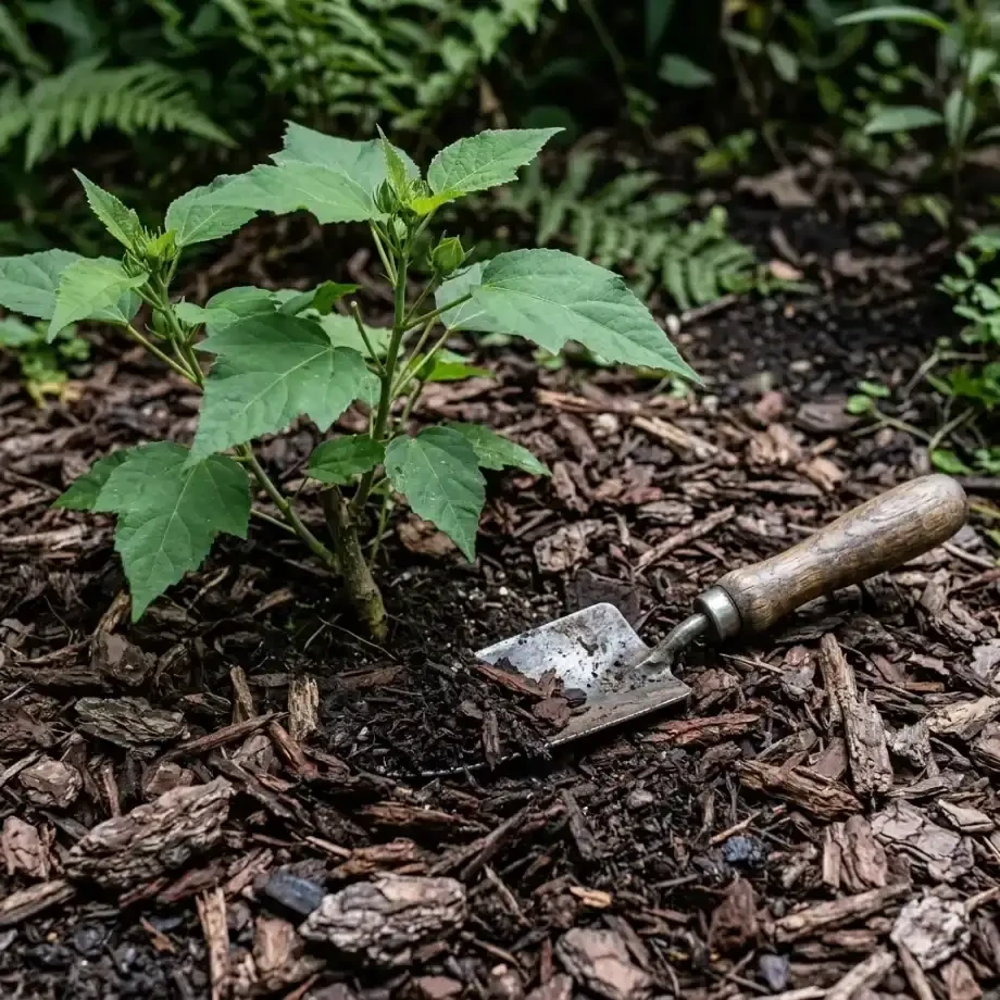 paillage organique en copeaux étalé autour du pied d'un hibiscus des marais, avec l'espace bien dégagé autour de la tige