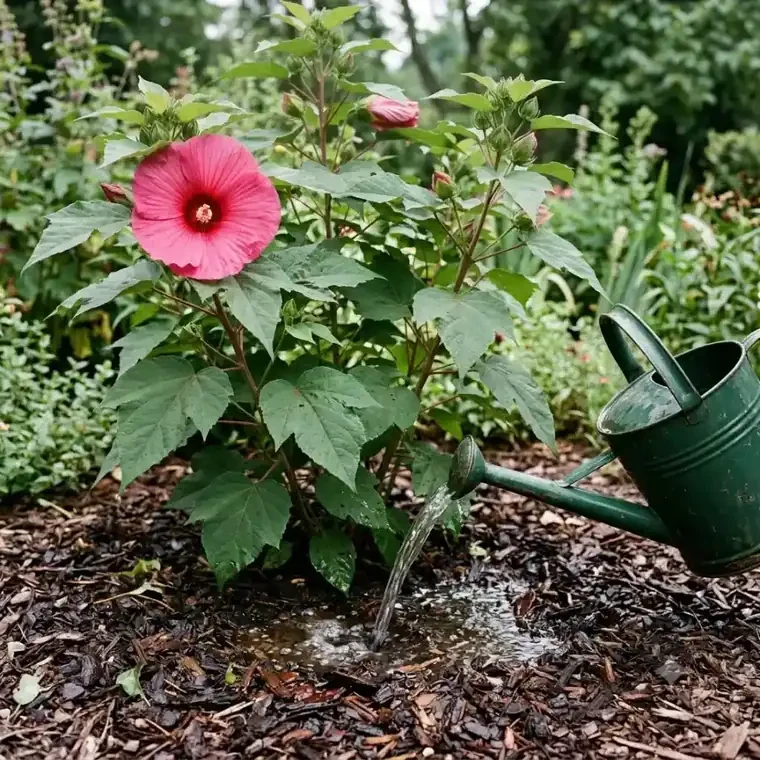 épandage de compost mûr au pied d'une touffe d'hibiscus des marais, au printemps, avant paillage