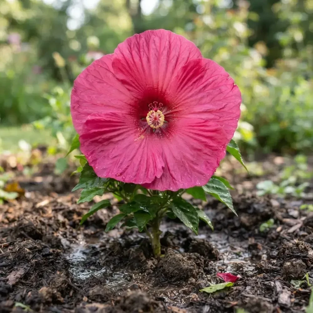 massif d'hibiscus des marais installé en bord de bassin, plusieurs gabarits mélangés, floraison estivale abondante