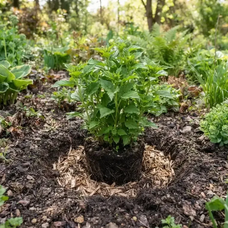 : plantation d'hibiscus des marais en début d'automne, feuillage encore présent, sol chaud et paillé, lumière d'arrière-saison