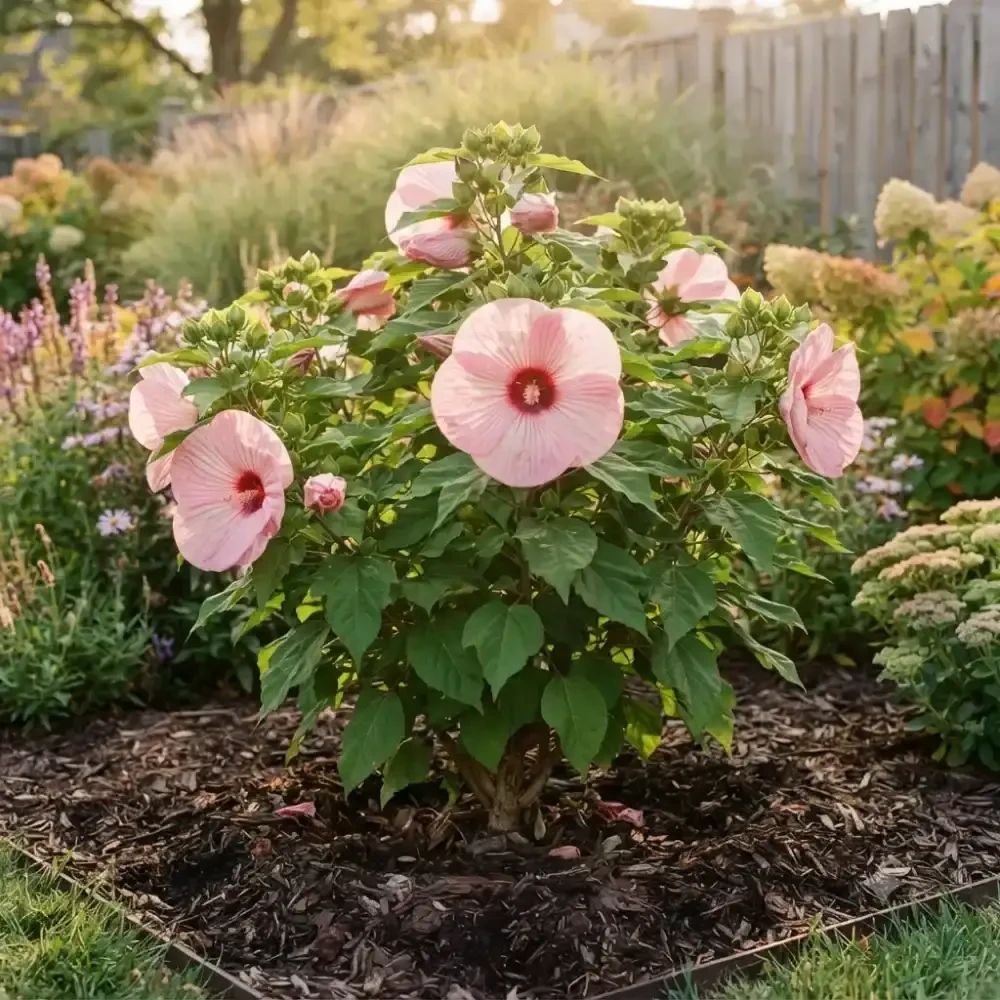 &nbsp;: gros plan sur un paillage propre autour du collet d'un hibiscus des marais, zone dégagée de 5&nbsp;cm bien visible