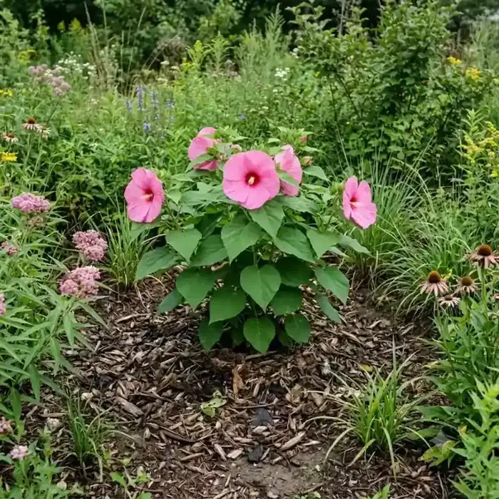 gros plan sur une fleur XXL d'hibiscus des marais (15-25 cm de diamètre), gouttes de pluie sur les pétales, feuillage pourpre en arrière-plan