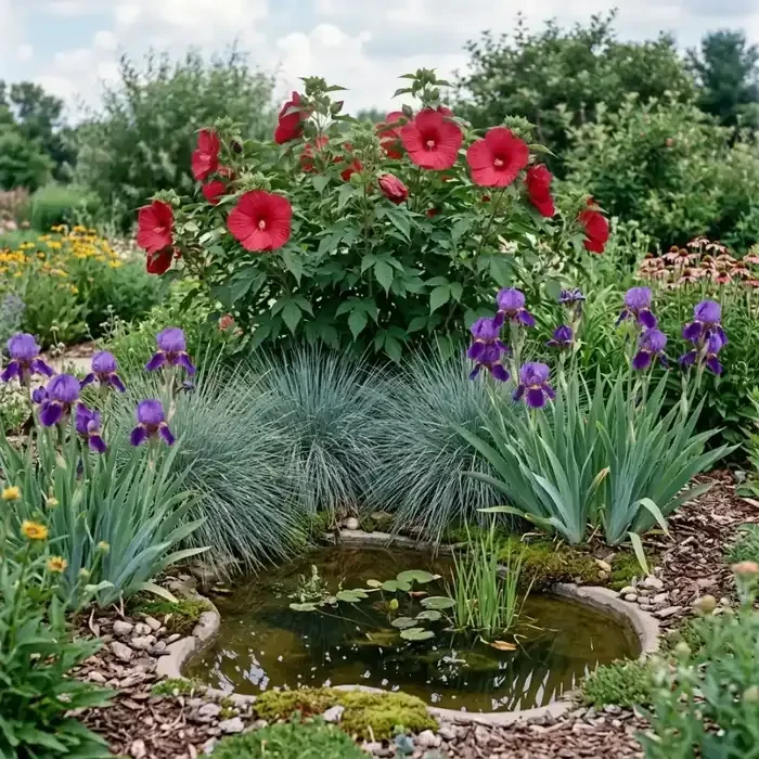 coupe transversale d'un jardin de pluie — cuvette en pente douce, hibiscus des marais planté au centre, horizon de substrat drainant, paillage en surf