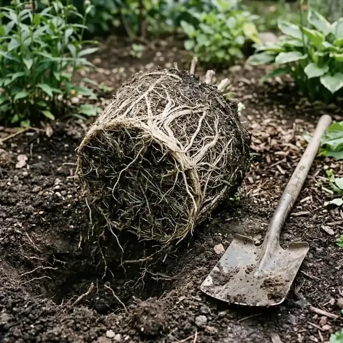 motte d'hibiscus des marais fraîchement installée, paillage en place autour du collet